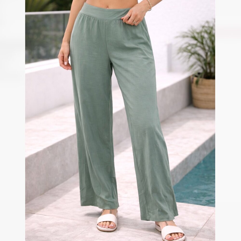 Pink Lily Size L Sage Green High Rise Relaxed Fit Wide Leg Pants